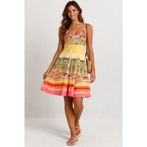 Rene Derhy Scenic Print Cotton Sundress Spaghetti Strap Small